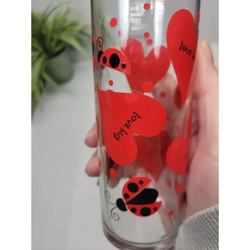 2 Vintage Anchor Hocking Love Bug Glasses Red Hearts Ladybug Tumbler Valentine